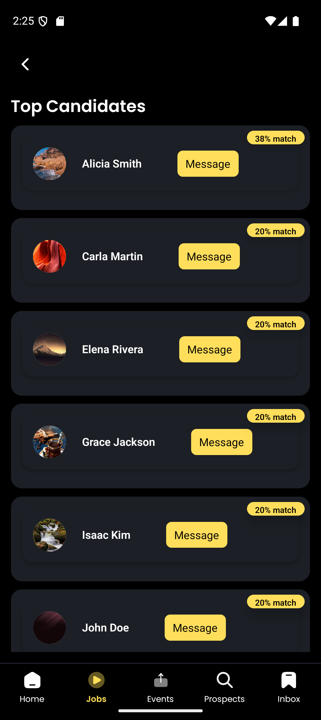 Employer candidate view showing applicants and their match details for a job