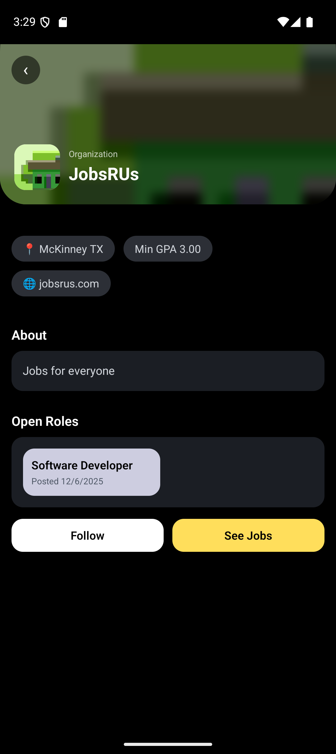 Company details screen showing organization overview and roles for applicants