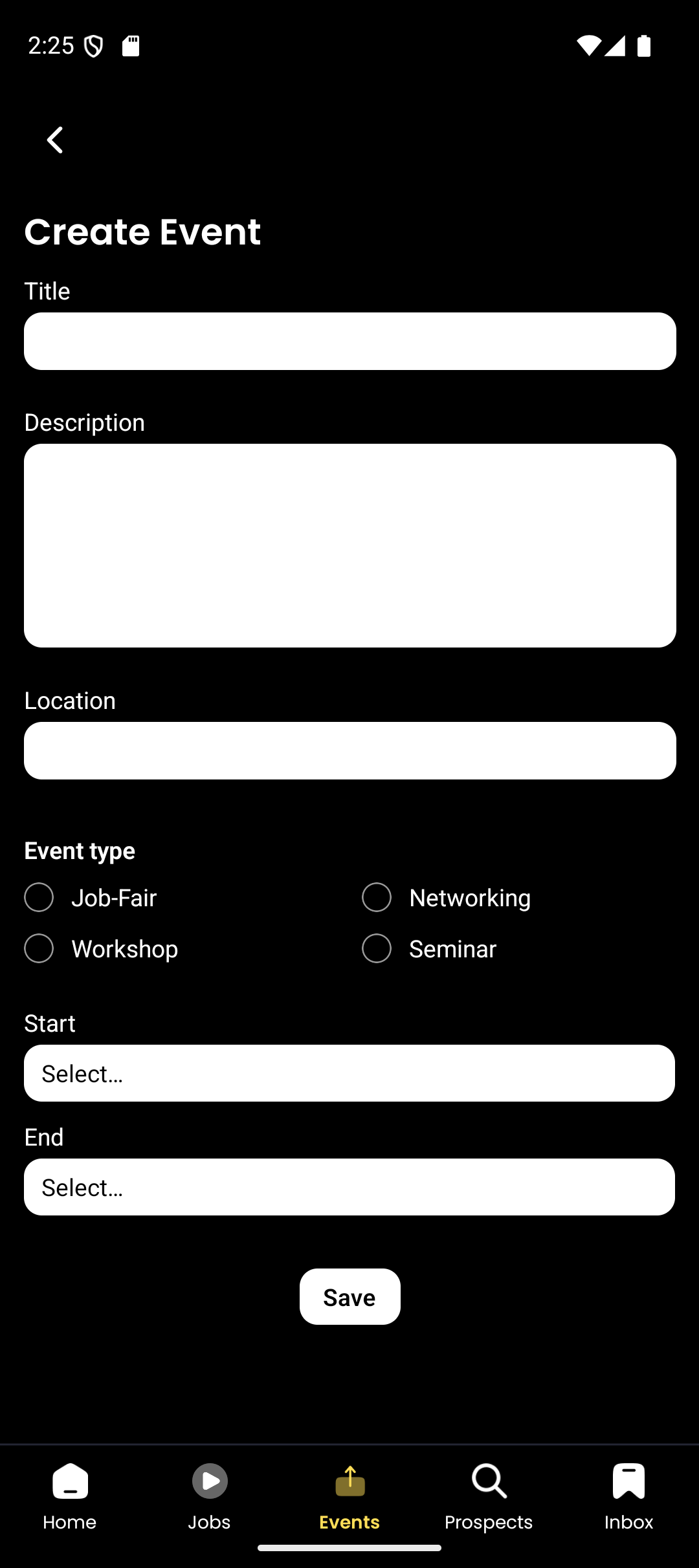 Event creation screen for employers to set up recruiting or networking events