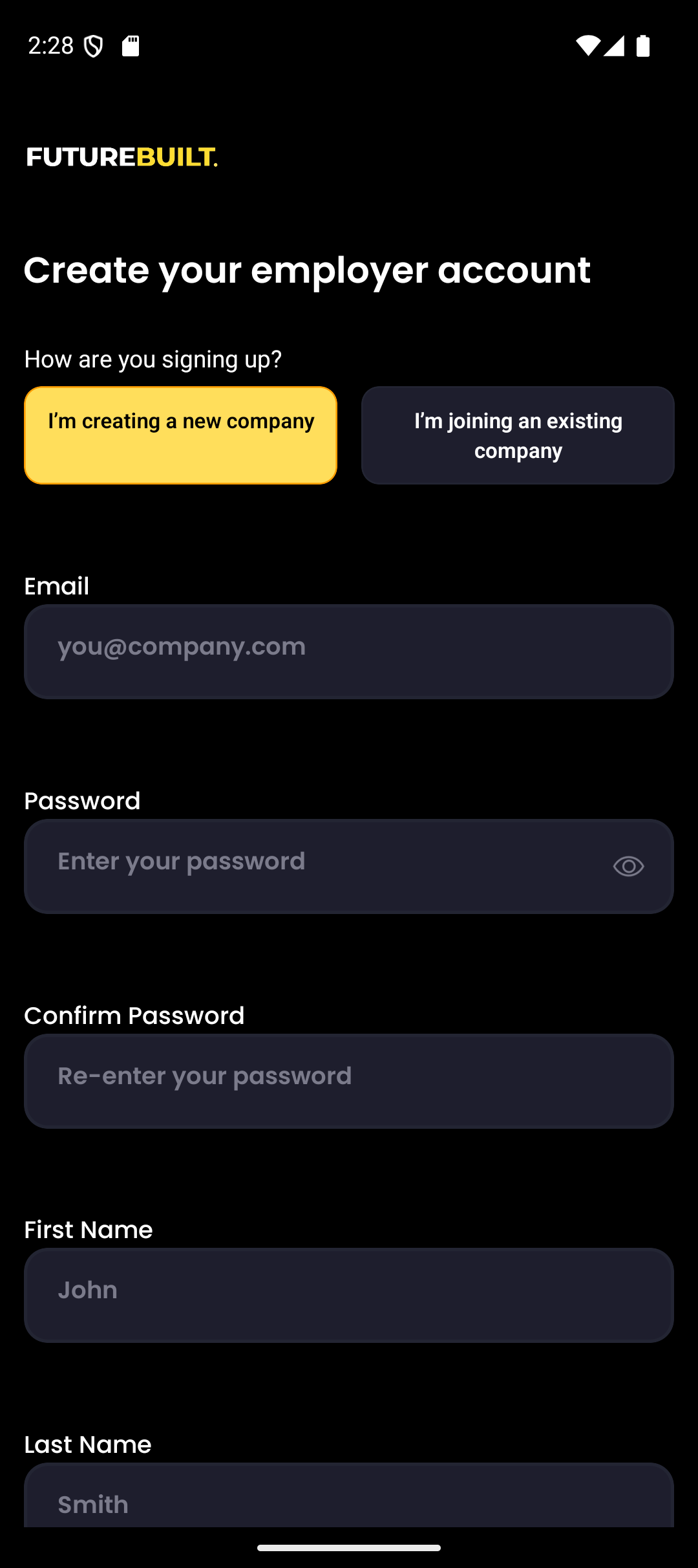 Employer sign-up screen for creating or joining a company in Future Built