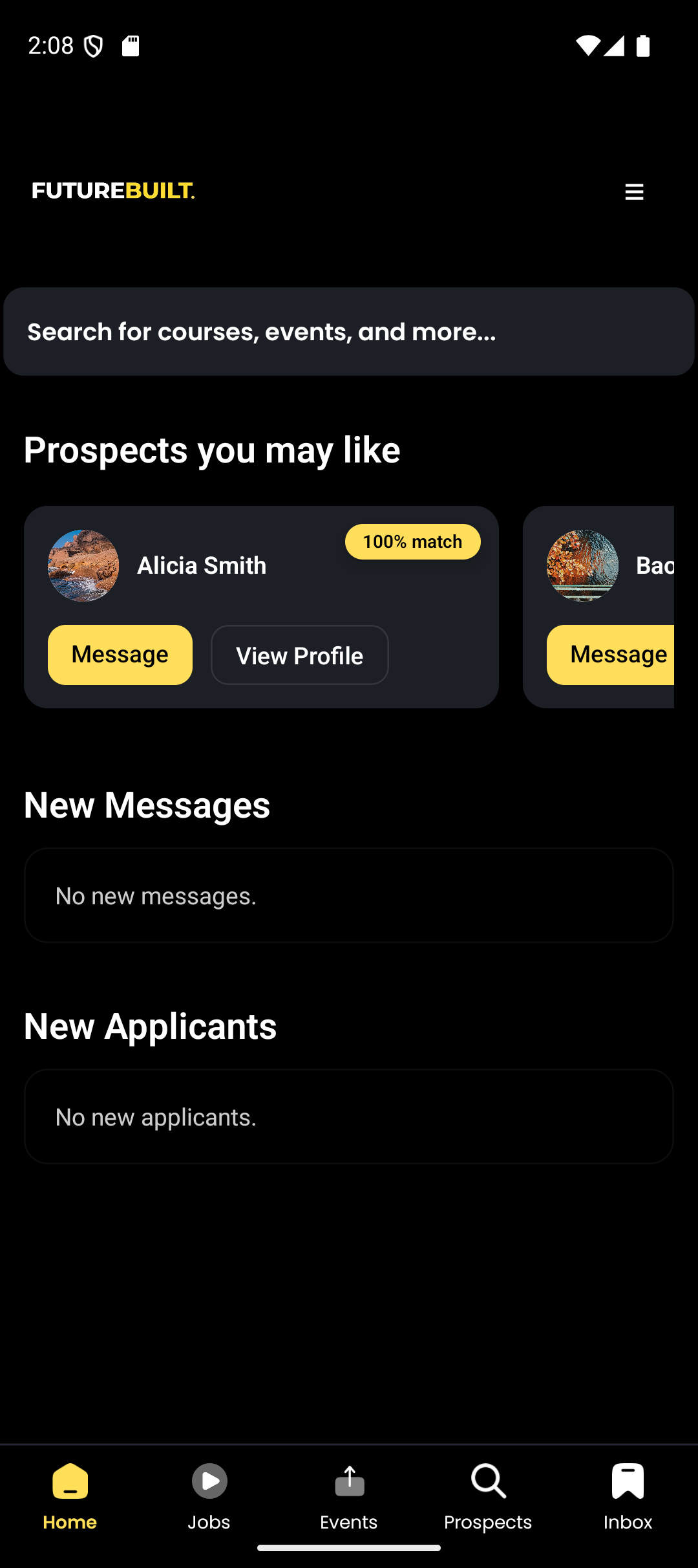 Employer home dashboard summarizing open roles, events, and candidate activity