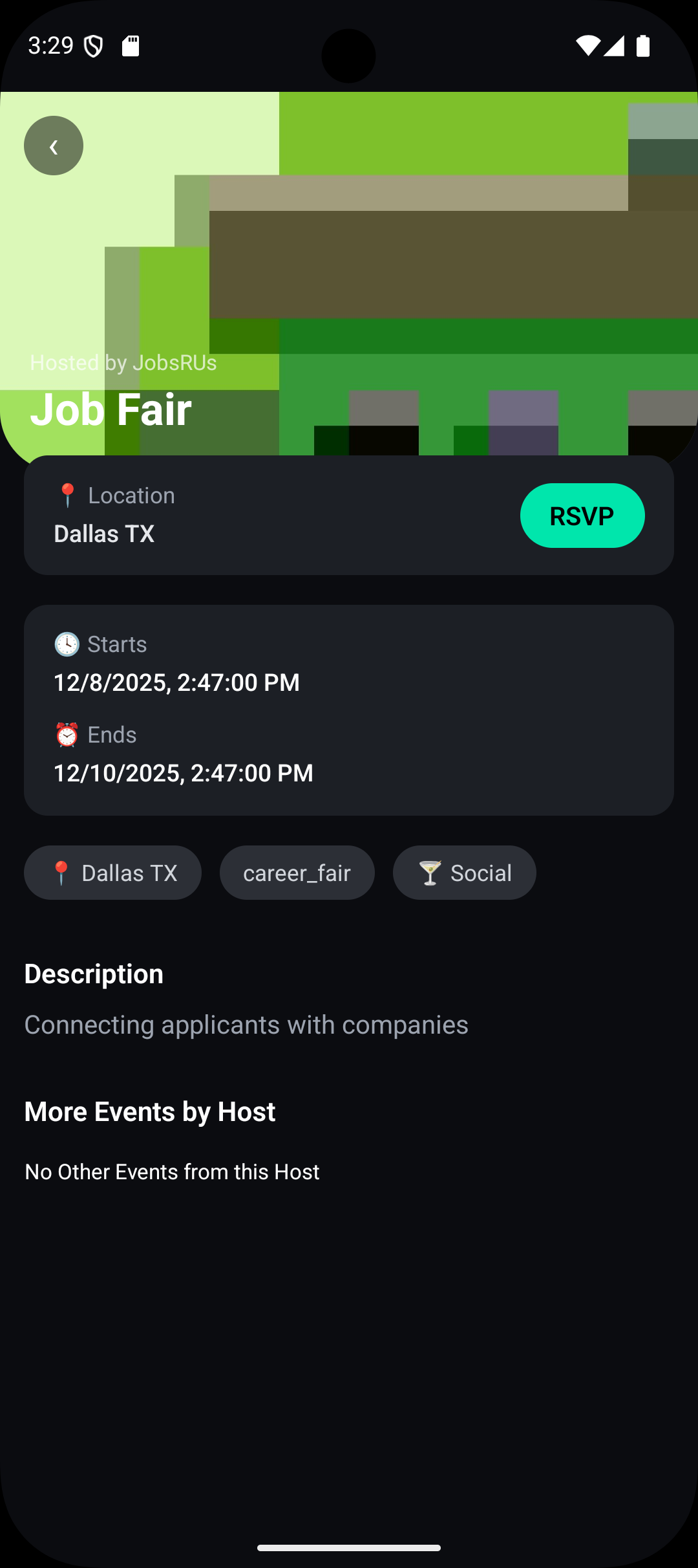 Event details screen showing time, location, and host information