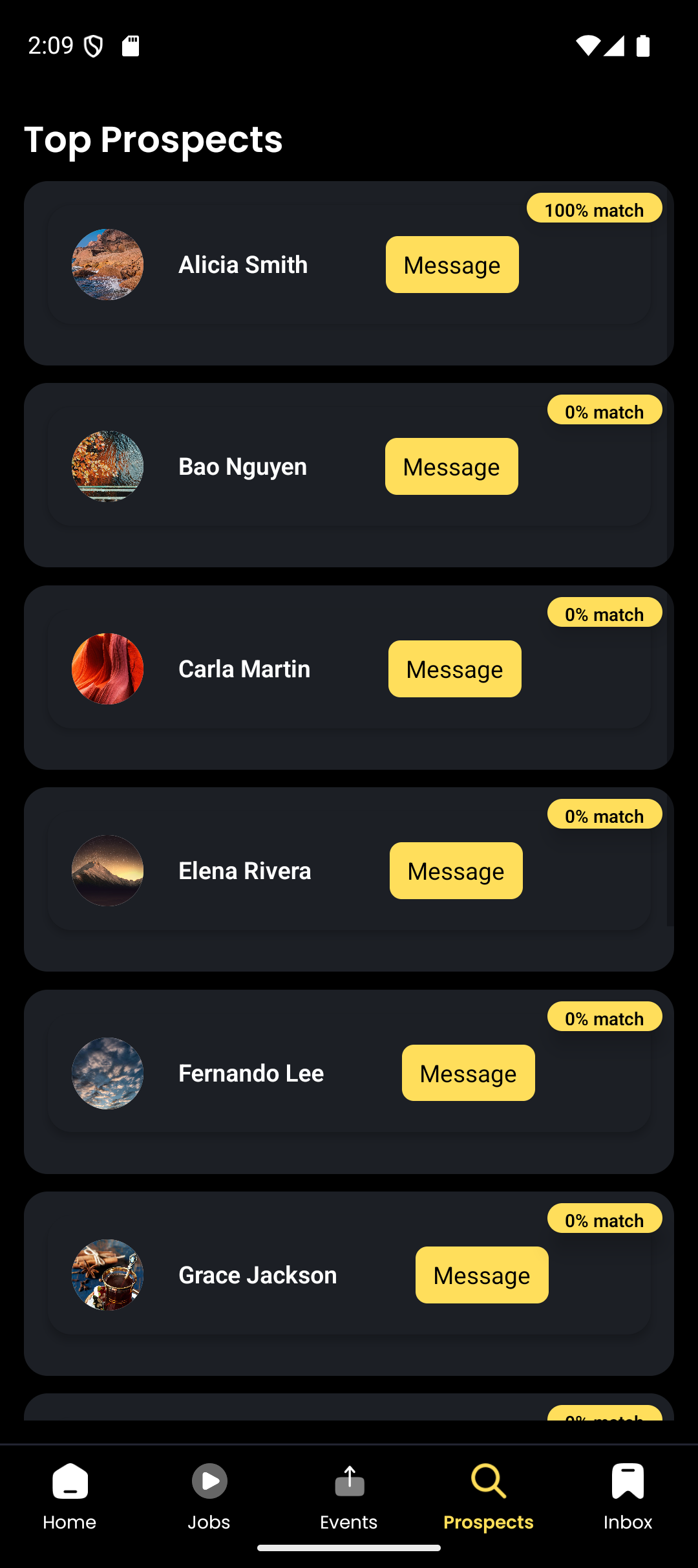Employer prospects list with match scores and reasons for each candidate
