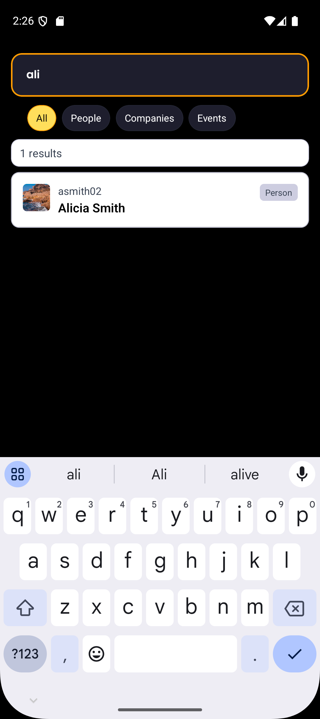 Unified search results screen listing jobs, companies, and events for applicants
