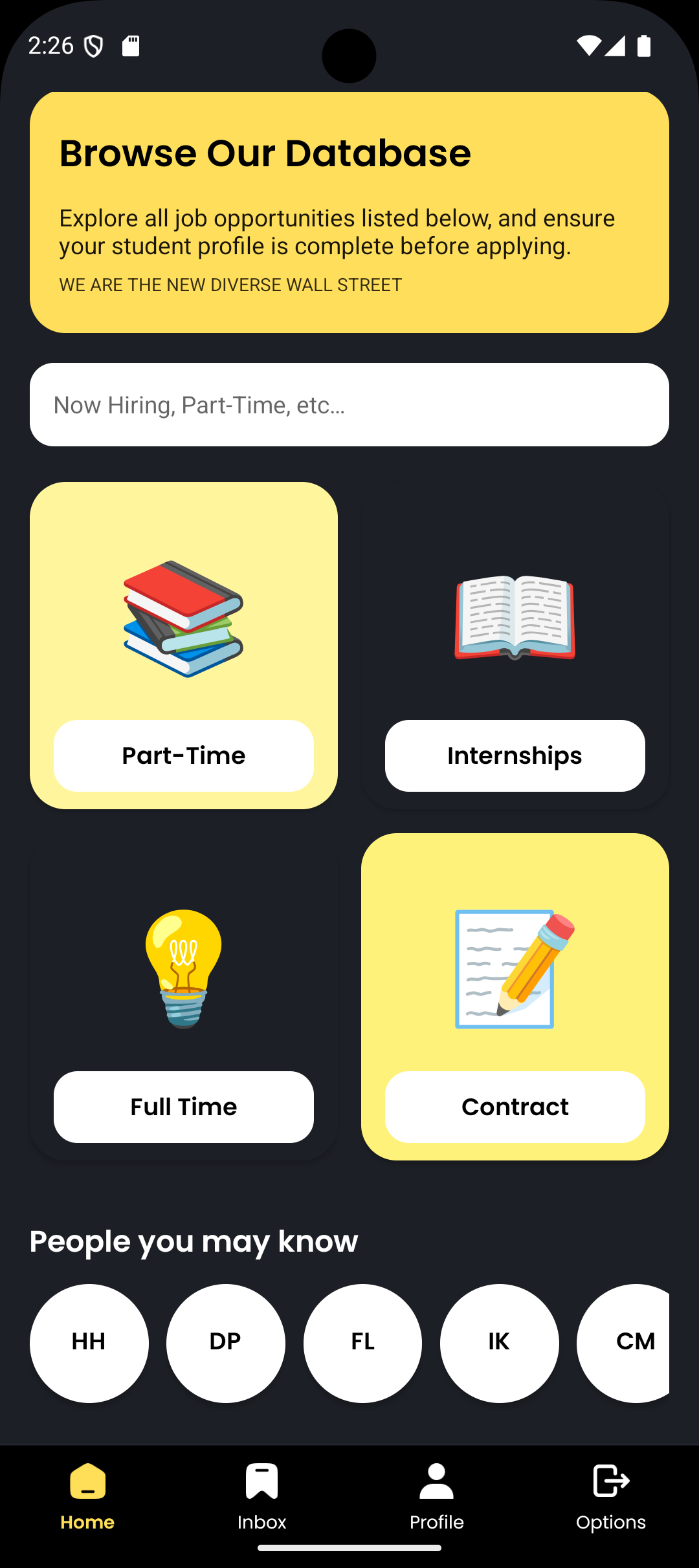 Student home dashboard showing recommended jobs and navigation tabs