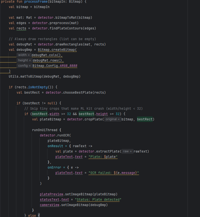Screenshot of function that process frames.