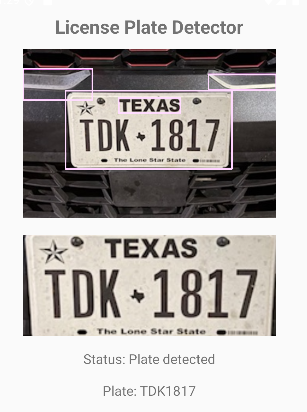 App screenshot – license plate detection